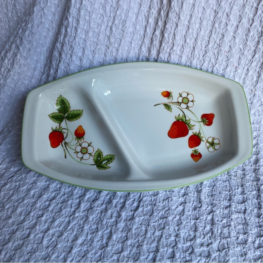 Vintage divided dish serving platter candy tray heavy stoneware strawber…